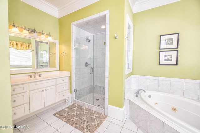 bathroom with a stall shower, vanity, tile patterned floors, a whirlpool tub, and ornamental molding