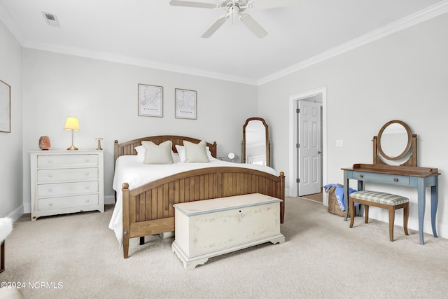 bedroom with light colored carpet, ornamental molding, ceiling fan, baseboards, and visible vents