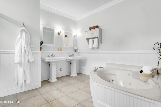 full bathroom with tile patterned floors, a wainscoted wall, crown molding, and a jetted tub