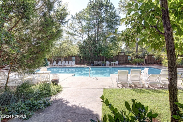 pool featuring a fenced backyard and a patio area
