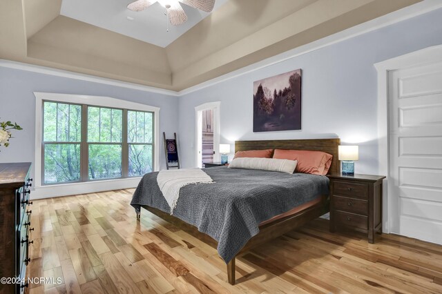 bedroom with a ceiling fan, a raised ceiling, and light wood-type flooring