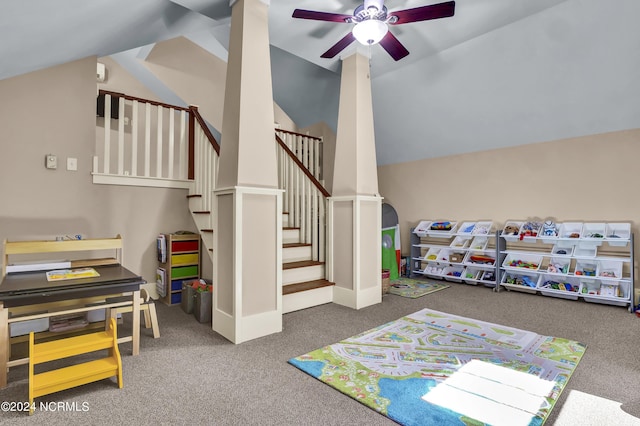 game room with carpet flooring, vaulted ceiling, and ceiling fan