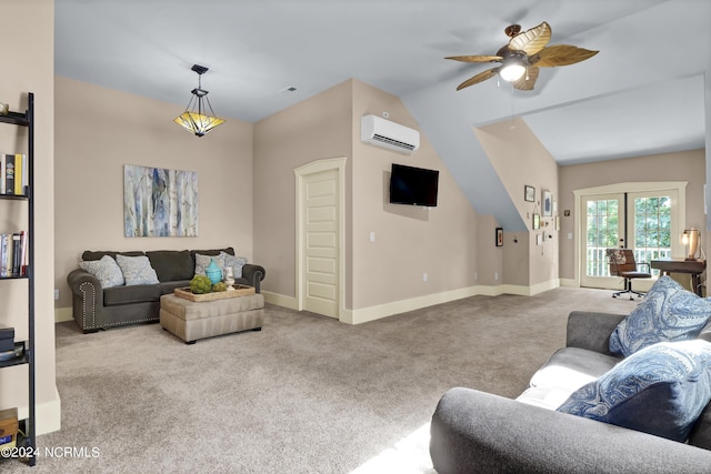 carpeted living room featuring ceiling fan, baseboards, lofted ceiling, and a wall unit AC