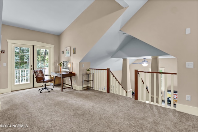 office featuring a ceiling fan, baseboards, french doors, and carpet floors