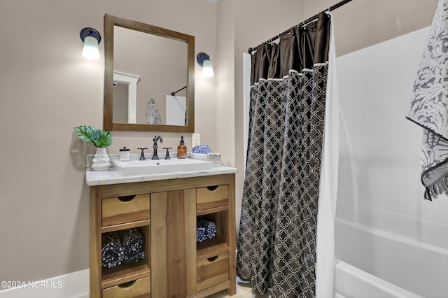 full bath featuring shower / bathtub combination with curtain and vanity