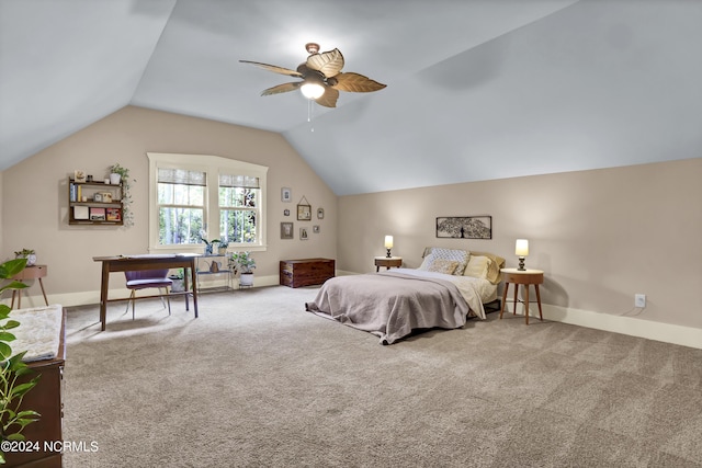 bedroom with baseboards, ceiling fan, carpet, and vaulted ceiling