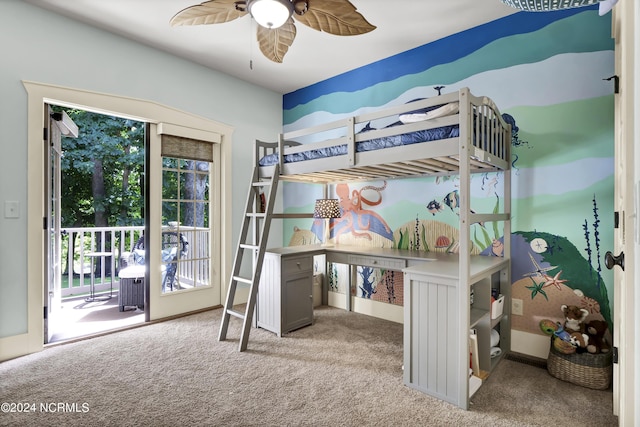 unfurnished bedroom with carpet flooring, access to outside, and ceiling fan