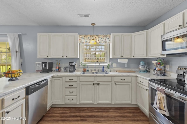 kitchen with plenty of natural light, a sink, a textured ceiling, and appliances with stainless steel finishes