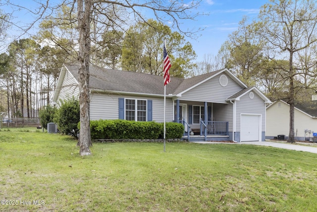 ranch-style house with an attached garage, central AC unit, a front lawn, and covered porch