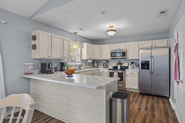 kitchen with a peninsula, a sink, dark wood-style flooring, visible vents, and appliances with stainless steel finishes