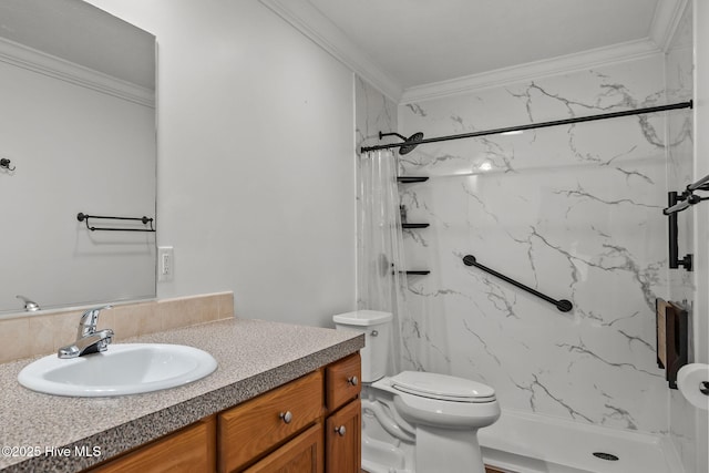 bathroom with ornamental molding, a marble finish shower, toilet, and vanity