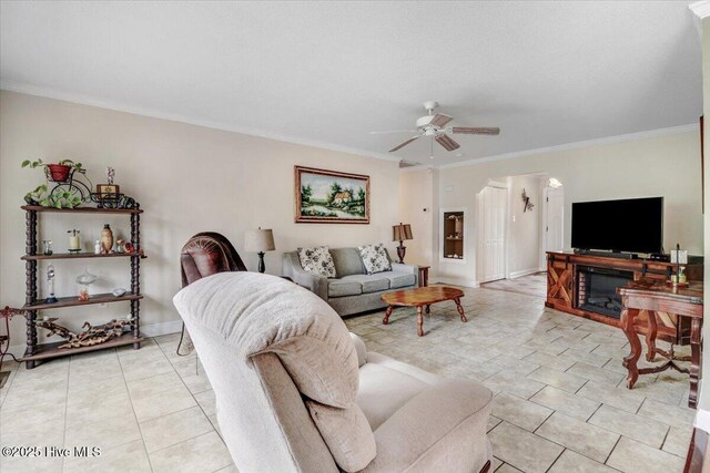 105 Harbor Dr, Washington, NC 27889 - living area with baseboards, light tile patterned floors, ceiling fan, and crown molding