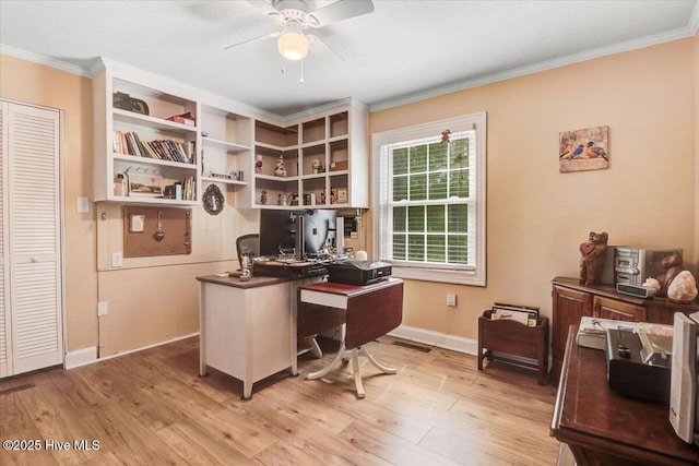105 Harbor Dr, Washington, NC 27889 - office space featuring visible vents, baseboards, light wood-type flooring, ornamental molding, and a ceiling fan