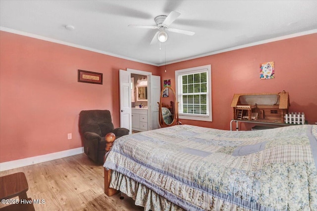 105 Harbor Dr, Washington, NC 27889 - bedroom featuring ornamental molding, ceiling fan, wood finished floors, and baseboards