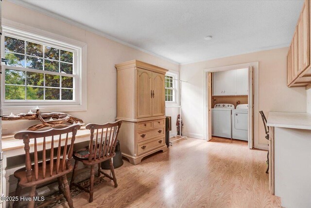 105 Harbor Dr, Washington, NC 27889 - dining space with washer and dryer, light wood-style floors, and ornamental molding