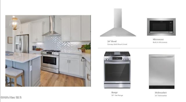 kitchen featuring wall chimney range hood, white cabinets, stainless steel appliances, and tasteful backsplash