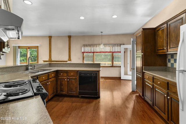 163 Middleton Dr, Hertford, NC 27944 - kitchen with black appliances, extractor fan, dark wood-style floors, and a sink