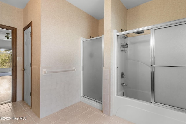 163 Middleton Dr, Hertford, NC 27944 - full bathroom with tile patterned flooring, ceiling fan, and bath / shower combo with glass door