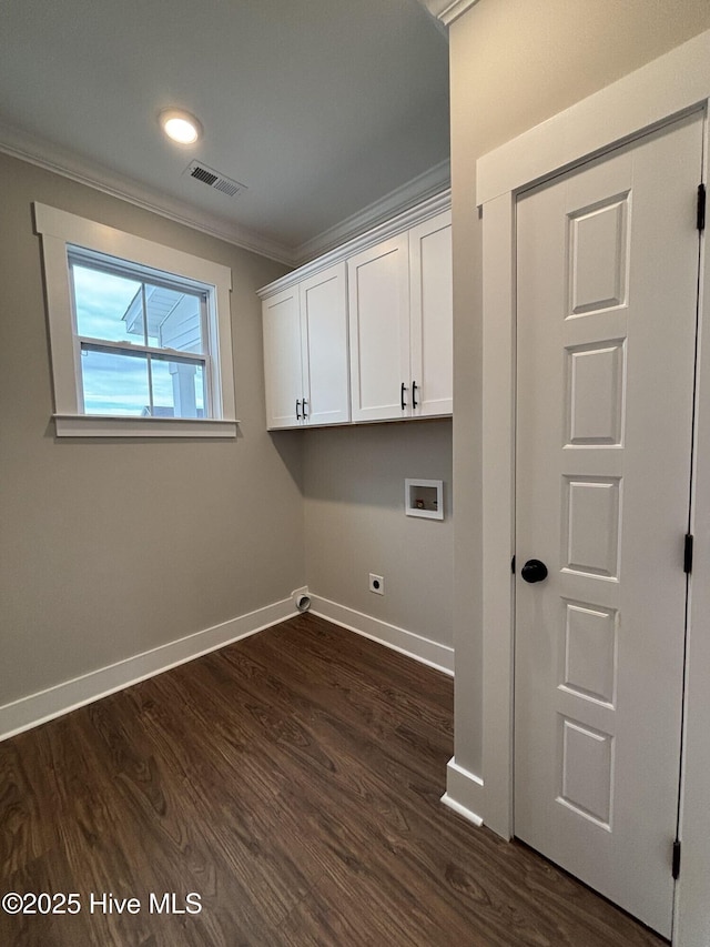 203 Crown Dr, Washington, NC 27889 - laundry area with washer hookup, visible vents, crown molding, baseboards, and dark wood-style floors