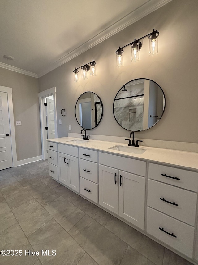 203 Crown Dr, Washington, NC 27889 - full bath featuring crown molding, double vanity, baseboards, and a sink