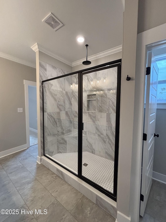 203 Crown Dr, Washington, NC 27889 - bathroom featuring crown molding, baseboards, a stall shower, and visible vents