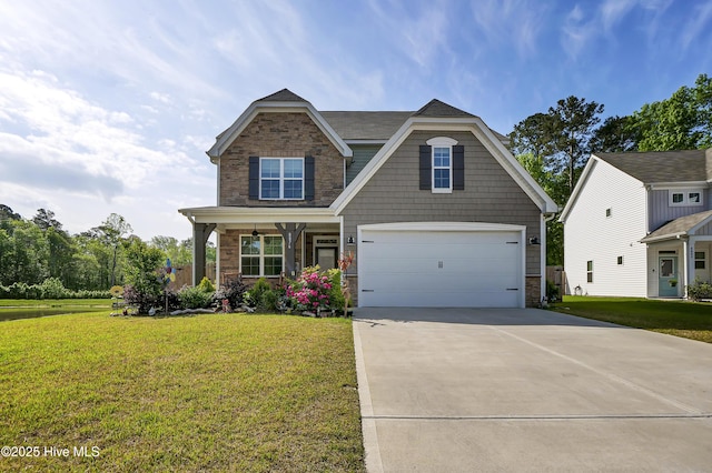 craftsman house with concrete driveway, a porch, stone siding, and a front lawn