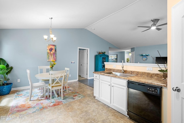 1516 Round Ridge Rd SE, Bolivia, NC 28422 - kitchen featuring a sink, ceiling fan with notable chandelier, lofted ceiling, black dishwasher, and white cabinetry