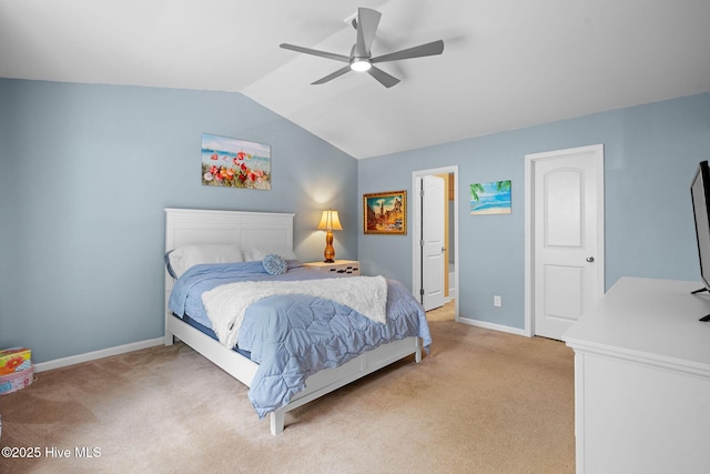1516 Round Ridge Rd SE, Bolivia, NC 28422 - bedroom with baseboards, light colored carpet, ceiling fan, and lofted ceiling