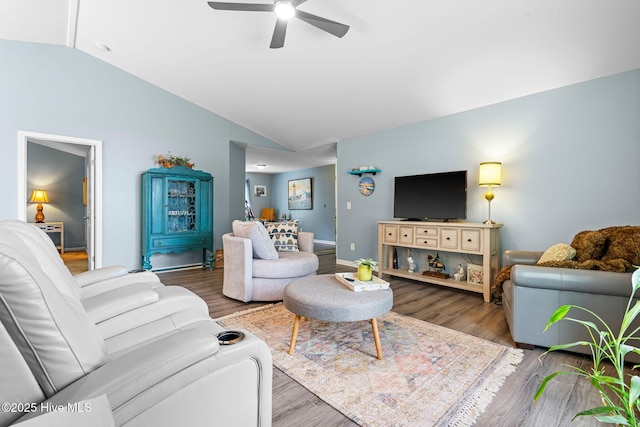 1516 Round Ridge Rd SE, Bolivia, NC 28422 - living area featuring baseboards, ceiling fan, wood finished floors, and lofted ceiling