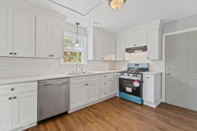 1111 W Williams Cir, Elizabeth City, NC 27909 - kitchen featuring under cabinet range hood, stainless steel appliances, a sink, decorative backsplash, and white cabinetry