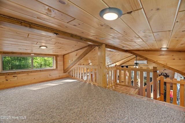 280 Charlie Rd, Arapahoe, NC 28510 - bonus room featuring wooden ceiling, wood walls, carpet floors, and a ceiling fan