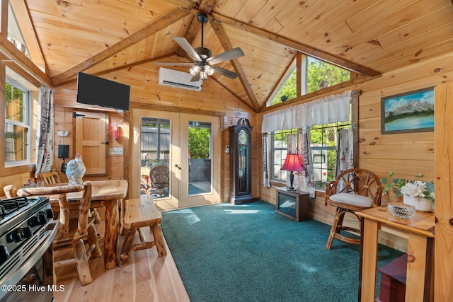 280 Charlie Rd, Arapahoe, NC 28510 - interior space featuring wooden ceiling, wooden walls, french doors, a wall mounted AC, and a ceiling fan