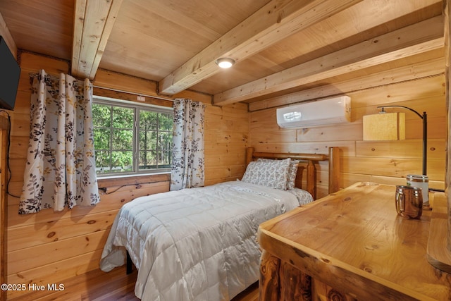 280 Charlie Rd, Arapahoe, NC 28510 - bedroom featuring wood ceiling, a wall mounted air conditioner, beam ceiling, wood finished floors, and wooden walls