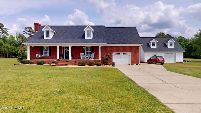 106 Ehrhardt Way, Princeton, NC 27569 - cape cod house featuring a porch, a front lawn, an attached garage, and concrete driveway