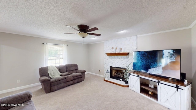 106 Ehrhardt Way, Princeton, NC 27569 - carpeted living room with ornamental molding, a stone fireplace, baseboards, ceiling fan, and a textured ceiling