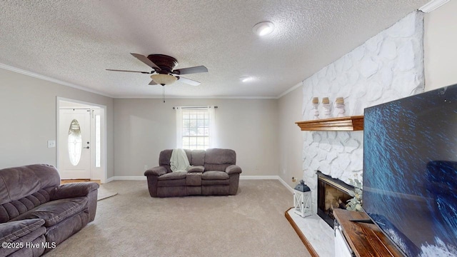 106 Ehrhardt Way, Princeton, NC 27569 - carpeted living area with a stone fireplace, a ceiling fan, and a textured ceiling