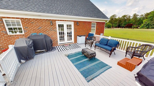 106 Ehrhardt Way, Princeton, NC 27569 - wooden deck with a lawn, outdoor lounge area, french doors, and area for grilling