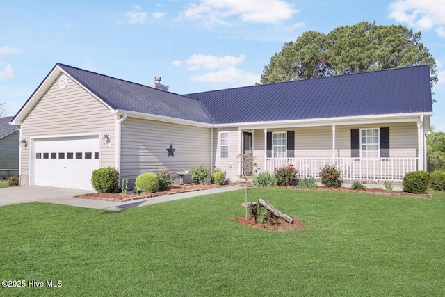 single story home with a porch, a front lawn, metal roof, concrete driveway, and an attached garage