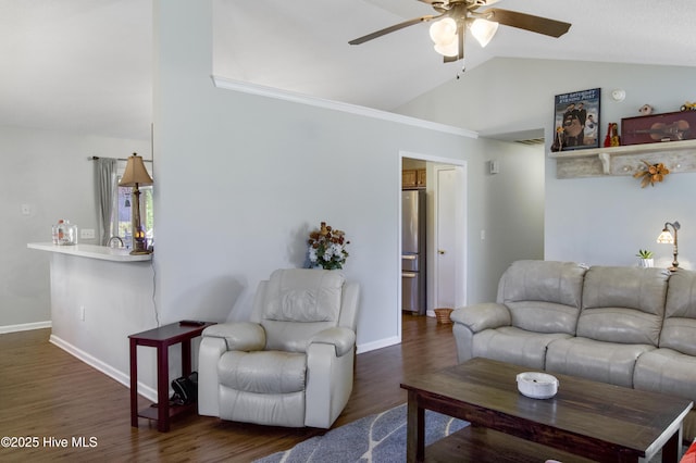 living area with baseboards, wood finished floors, a ceiling fan, and lofted ceiling