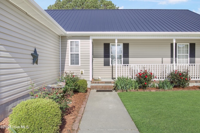 property entrance featuring covered porch, metal roof, and a lawn