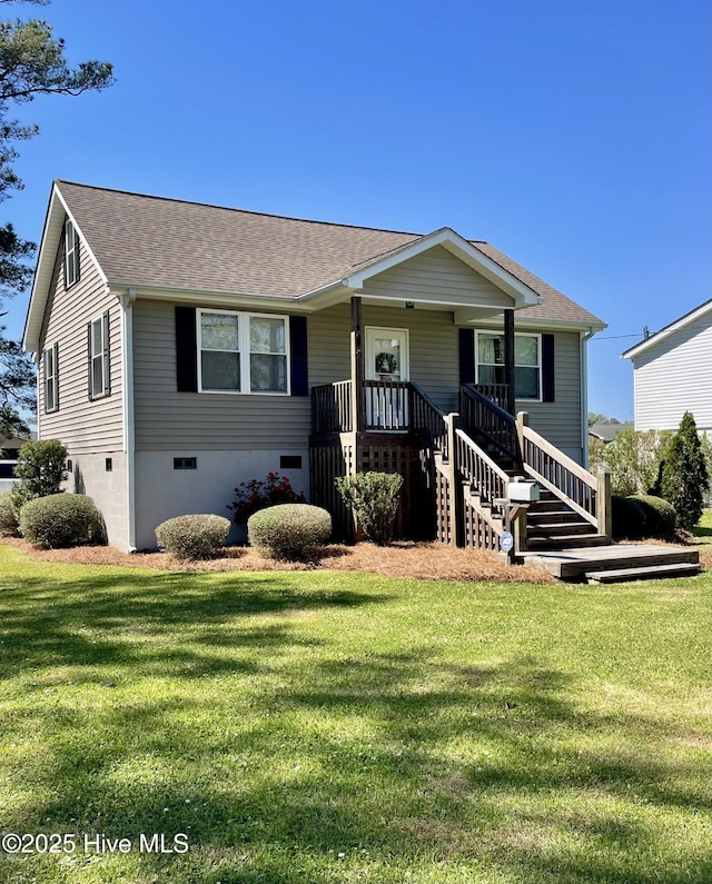 469 Lamont St, Belhaven, NC 27810 - ranch-style house featuring stairway, a front yard, a shingled roof, and covered porch