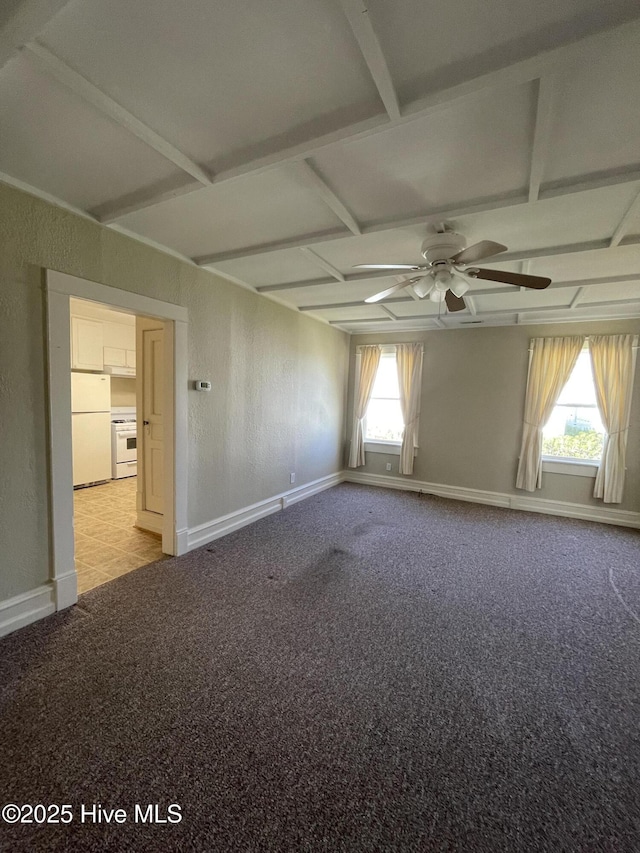469 Lamont St, Belhaven, NC 27810 - empty room with light carpet, a ceiling fan, baseboards, and coffered ceiling