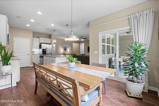 1699 Haldon Ln SE, Bolivia, NC 28422 - dining area featuring ceiling fan, recessed lighting, visible vents, and dark wood-type flooring