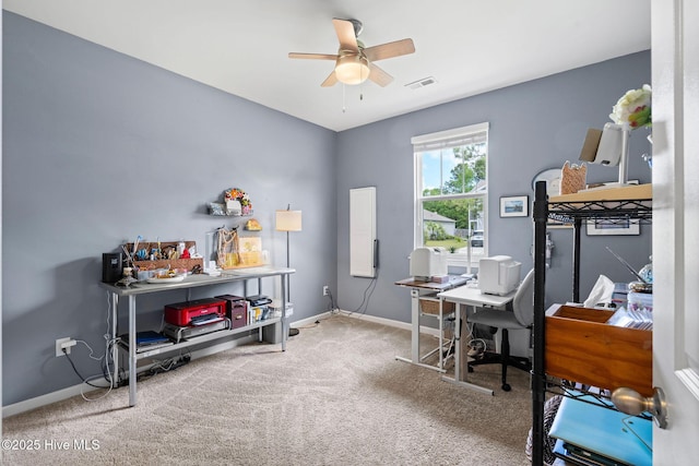 1699 Haldon Ln SE, Bolivia, NC 28422 - carpeted home office with baseboards, visible vents, and ceiling fan