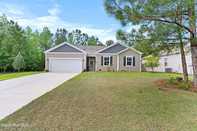 1699 Haldon Ln SE, Bolivia, NC 28422 - ranch-style house featuring concrete driveway, an attached garage, a front lawn, and central air condition unit