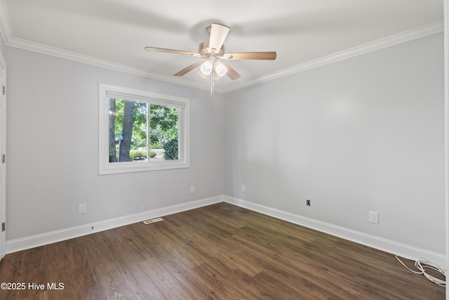 995 Chadwick Shores Dr, Sneads Ferry, NC 28460 - empty room with dark wood-style floors, baseboards, ornamental molding, and a ceiling fan