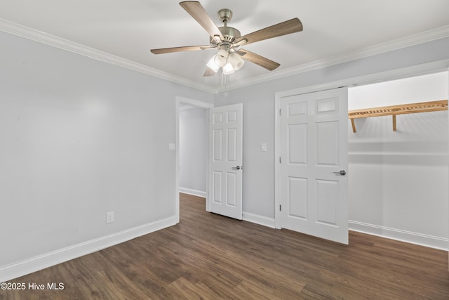 995 Chadwick Shores Dr, Sneads Ferry, NC 28460 - unfurnished bedroom with dark wood-style floors, baseboards, ornamental molding, a closet, and a ceiling fan