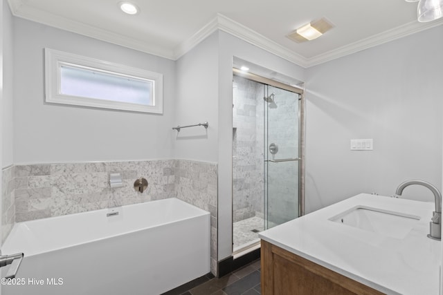 995 Chadwick Shores Dr, Sneads Ferry, NC 28460 - full bath with a sink, a bathtub, a stall shower, ornamental molding, and recessed lighting