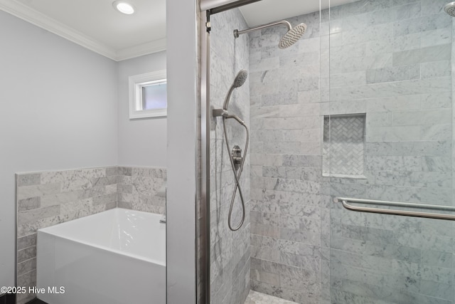 995 Chadwick Shores Dr, Sneads Ferry, NC 28460 - full bath with ornamental molding, a shower stall, and a garden tub