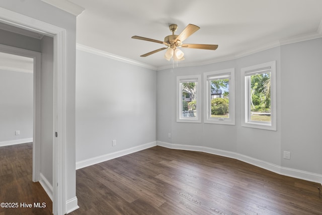 995 Chadwick Shores Dr, Sneads Ferry, NC 28460 - empty room featuring a ceiling fan, dark wood-style floors, baseboards, and ornamental molding